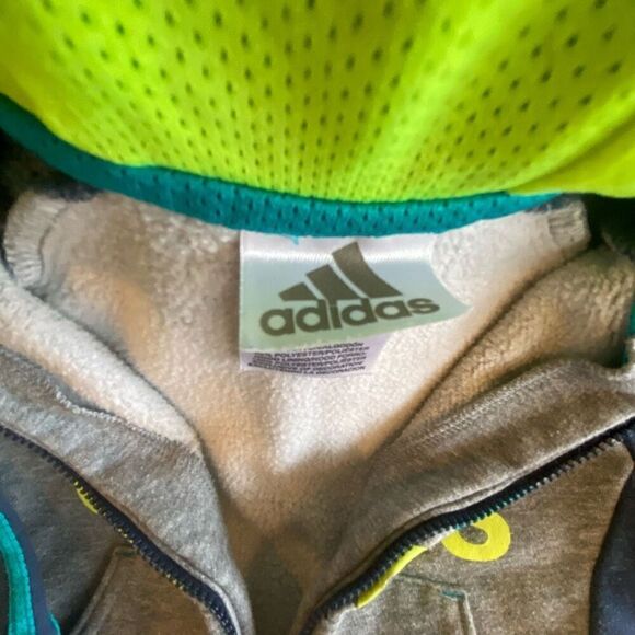 Adidas Hooded ￼Warm Up 2 Piece Outfit Gray Navy Teal Neon Green Sweatsuit Sz 12 - Picture 4 of 10